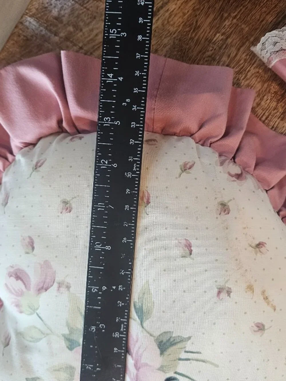 Vintage Shabby Chic Rose Floral Heart Bolster Pillow Set Mauve Ruffle Lace Trim